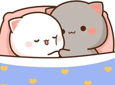 two cats cuddle together in a bed with hearts on the pillow and one cat has its eyes closed