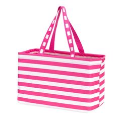 a pink and white striped shopping bag on a white background with the handles folded down