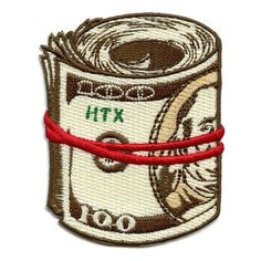 a roll of money with red string on it