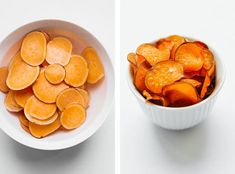 two bowls filled with orange peels on top of a white table next to each other