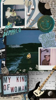 a collage with various pictures and words on it including a guitar, an image of a man