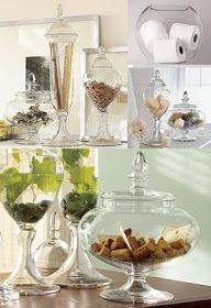 there are many glass vases with food in them