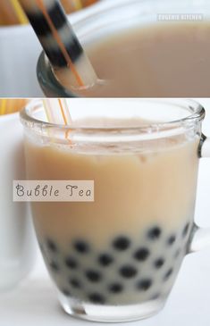 there are pictures of different beverages being made in the same cup and spoons, including bubble tea