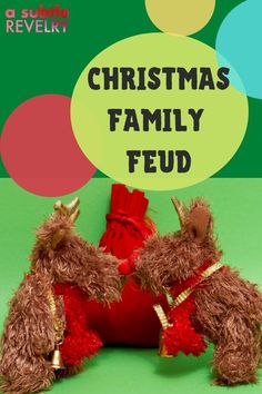 two stuffed animals sitting next to each other with the words christmas family feed above them