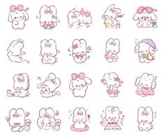 a bunch of cartoon animals that are drawn in pink and white ink with bows on their heads