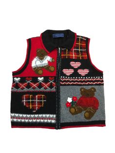 a teddy bear sweater vest with hearts and argyles on the chest, is shown