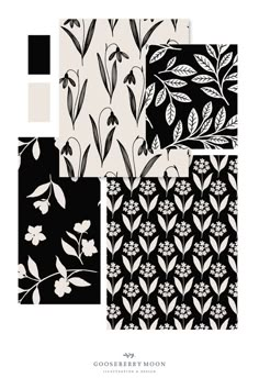 four black and white wallpapers with flowers on them, each featuring different designs