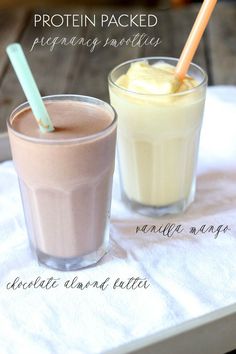 two glasses filled with different types of protein packed beverages on top of a white towel