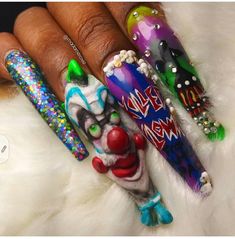 Halloween Characters Nails, Clown Nails Acrylic, Clown Acrylic Nails, Nails Acrylic Clown