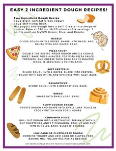 the recipe for easy homemade doughnuts is shown in purple and white, with words describing