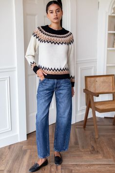 The perfect little crewneck, inspired by our love of vintage handknit fair isle sweaters. 100% super soft, extra fine alpaca Model is wearing a size Small Dry clean Made in Peru XS: Bust 36”, Center back length 18 1/2"S: Bust 38”, Center back length 19"M: Bust 40”, Center back length 19 1/2"L: Bust 42”, Center back length 20" Emerson Fry, Vintage Indigo, Curved Back, Dark Indigo, Fair Isle Sweater, Denim Shoes, Denim Trousers, Summer Floral, Fair Isle