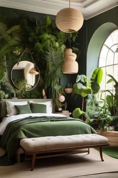 a bedroom with green walls and lots of plants on the wall, along with a bed