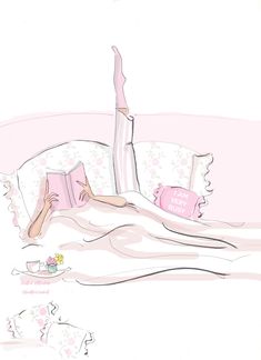 a drawing of a woman laying in bed with her legs up and reading a book