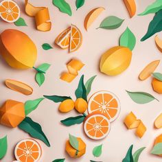 paper cut oranges and leaves on a white surface