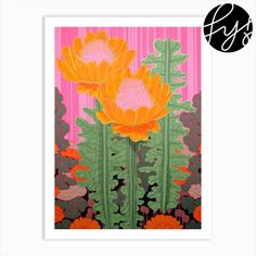 two orange flowers in front of a pink and green background with the letter s on it