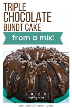 triple chocolate bundt cake from a mix on a plate with text overlay that says triple chocolate bundt cake from a mix