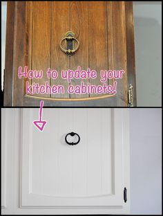 the door is open and there is a sign above it that says how to update your kitchen cabinets