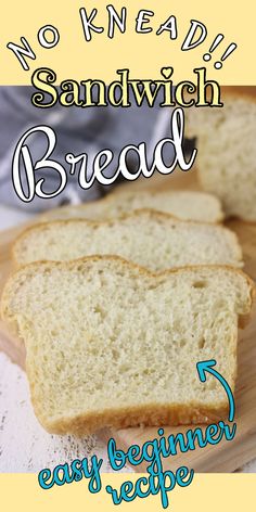 two slices of bread sitting on top of a cutting board with the words sandwich bread