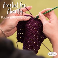 a woman is crocheting for charity with her hand holding the yarn and knitting needles