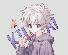 an anime character with white hair and blue eyes holding a cookie in his right hand