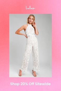 Your party look just got a lot more fun with the Lulus Britney White Lace Halter Jumpsuit! Sleek white eyelash lace, over a nude knit liner, shapes a halter neckline, and cute darted flounce bodice. High, fitted waist above relaxed straight pant legs. Back keyhole with two top button closures and hidden zipper/clasp. Fit: This garment fits true to size. Length: Ankle length. Size medium measures 57.5" from top to bottom. Inseam: 30.75 Front Rise: 13.25 Bust: Great for any cup size. Waist: Fitted - very fitted at natural waist. Hip: Loosely Fitted. Undergarments: May be worn with a strapless bra, adhesive bra, petals, or no bra. Fabric: Fabric has no stretch. Fully lined. Shell: 60% Cotton, 40% Nylon. Lining: 100% Polyester. Hand Wash Cold. Do Not Bleach. Line Dry. Iron Low Heat. Imported. Sleeveless Lace Jumpsuits For Party, Sleeveless Lace Jumpsuits And Rompers For Party, Lace Jumpsuits And Rompers For Night Out, Sleeveless Lace Jumpsuits And Rompers For Night Out, Spring Party Lace Jumpsuits And Rompers, Summer Party Lace Jumpsuits And Rompers, Elegant Lace Jumpsuits And Rompers For Night Out, Elegant Lace Jumpsuits And Rompers For Spring, Party Jumpsuits And Rompers With Lace Trim