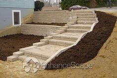 the steps are made out of concrete and ready to be built into the yard area