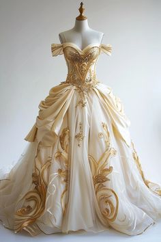 White Dress With Gold Accents, Gold Fairytale Dress, Gold And White Dress, Royal Gowns Princesses, Gold Dress Aesthetic Royal, Elegant Gold Victorian Dress With Historical Design, Gold Princess Dress Ball Gown For Dress-up, White Ball Dresses, Queen Dress Royal Fantasy Gold