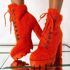 Rare! A True Wow Factor, Absolutely Beautiful, One-Of-A-Kind Edgy-Chic Boots From Dolls Kill Azalea Wang! It's One Of Those Timeless Hot Shoes That Will Elevate Any Look And Will Take It To The Next Fashion Level. Come In Vibrant Orange. Desinged With A Mid-Calf Height, Lace-Up Closure, Amazing Fuzzy Faux Fur Textured Upper, Metal D-Ring Grommets, A Platform Rubber Sole With Lug Detailing, A Stacked Heel, And Side Zipper For Easy Way In And Out. Comfy And Versitile, It Will Look Dope With Any Outfit- Whether You’re Feeling Denim, Leather Pants, Or A Mini Skirt. Size 8, Fit Like 7. Approx Measurements: 5.25" Heel Height, 1.5" Platform, 9" Shaft Height. Excellent Condition. Comes From A Clea Winter Platform Lace-up Booties, Winter Party Lace-up Boots With Closed Toe, Winter Lace-up Platform Booties, Winter Heels With Reinforced Heel And Round Toe, Winter Booties With Reinforced Heel, Trendy Winter Lace-up Heels, Winter Lace-up Heeled Boots, Fitted Lace-up Winter Booties, Winter Platform Booties With Closed Toe