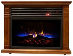 an electric fireplace with blue flames and wood trimmings on the sides, against a white background