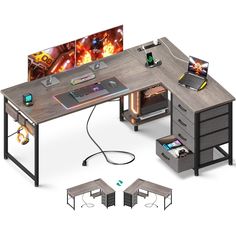 the computer desk has two monitors on it, and is connected to a mouse pad