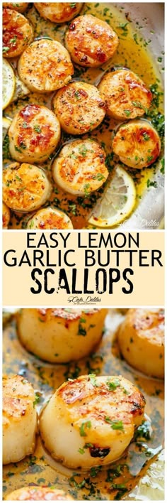 easy lemon garlic butter scallops with herbs on top and in the middle, ready to be eaten