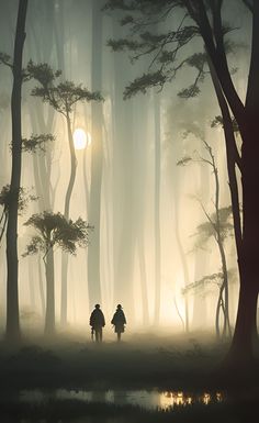 two people are walking through the woods at night with fog and sun in the background