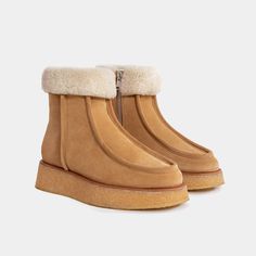 [excerpt name="Excerpt" ] Tan suede and shearling Suede and shearling ankle boots with a crepe outsole. These rounded toe boots have a shearling collar and lining with an inside zipper. Crafted in Italy. The insole is fully lined in shearling to soften your step. Whole sizes only – for 1/2 sizes order next size up. Please note: We recommend using a suede protector to help prevent water stains. Use a suede sponge to help clean superficial dirt and stains. Made in Italy Can't find your size? E-mai Half Awake, Outfits Cold, Fashion Moodboard, Shoe Ideas, Winter Outfits Cold, Comfy Sandals, Womens Summer Shoes, Mood Board Fashion, Toe Boots