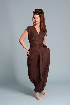 "🌿 ITEM DESCRIPTION Very comfy natural linen jumpsuit TALISE with a slim upper part and loose-fitting bottom. DETAILS: - Made-to-measure - Wrap jumpsuit with harem trousers   - Wide long belt - Deep side pockets - Short sleeves - V-neckline - 100% Natural Linen in medium weight - Wide color palette, color shown DARK BROWN 🌿 SIZING Petit, Regular, Plus Size - all our clothes are custom-made, we do all sizes. The model (5'9'', 174cm) is wearing size S. Feel free to contact me if you need advice Flax Clothing, Styling Clothes, Linen Harem Pants, Petite Plus Size, Harem Trousers, Wrap Jumpsuit, Wrap Pants, Harem Pants Women, Linen Clothing