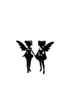 two black and white silhouettes of two girls with wings on their backs, one holding the