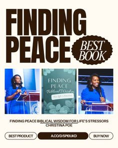 the book cover for finding peace, featuring two women standing at podiums and one holding a microphone