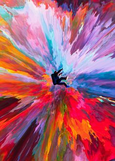 an abstract painting with colorful colors and a person reaching for the light in the center