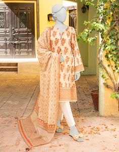 Junaid Jamshaid JLAWN-S-JDS-23-1092 Festive Vol 2 Collection Cream Digital Print Lawn Suit For Eid, Cream Lawn Suit With Digital Print For Eid, Cream Printed Set For Eid, Traditional Cream Printed Sets, Traditional Printed Cream Sets, Orange Digital Print Lawn Suit For Summer, Cream Printed Sets For Eid, Eid Beige Printed Sets, Beige Printed Sets For Eid