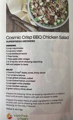 a menu for a chicken salad with broccoli and onions