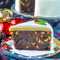 a slice of christmas cake on a plate