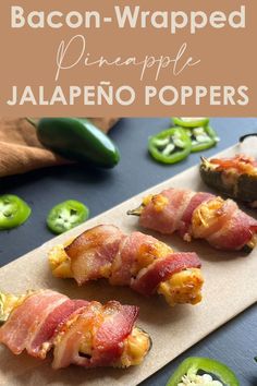 Bacon-wrapped pineapple jalapeño poppers arranged on parchment paper Jalapeno Bacon Wrapped, Bacon Wrapped Pineapple, Bacon Wrapped Jalapeno Poppers, Bacon Wrapped Jalapenos, Jalapeno Popper Chicken, Jalapeño Poppers, Jalapeno Recipes, Stuffed Jalapenos With Bacon, Holiday Party Foods