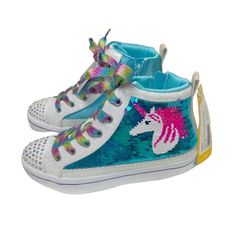 Sketchers Twi Lites High Top Sneakers Size 2 Kids Brand New- Perfect Condition Smoke & Perfume Free Home Fun Lace-up Sneakers For School, Fun Non-slip Sneakers For School, Skechers Shoes, Kids Branding, High Top, Kids Shoes, Top Sneakers, High Top Sneakers, Pink Blue