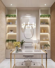 a white desk sitting in front of a window next to a shelf filled with plants