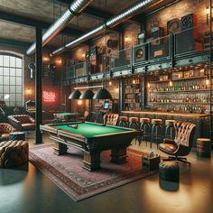 This masculine, urban-industrial pad boasts exposed brick, dark wood, and metal accents. Features include a sleek pool table, neon signs, stocked bar, jam stage, arcade games, and a library. Cozy lighting sets the mood. #MasculineDecor #UrbanIndustrial #ManCave #GameRoom #HomeBar #InteriorDesign Pool Table Room Ideas, Masculine Bar, Man Cave Living Room, Male Aesthetic, Cozy Lighting, Man Cave Room