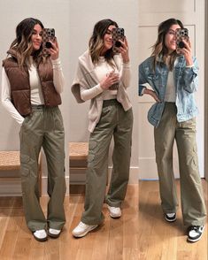 Cargo Pants Outfit Tennis Shoes, Retro Cargo Pants Outfit, Wide Legged Cargo Pants, Classic Cargo Pants Outfit, Women Green Cargo Pants Outfit, Fall Cargo Outfits Women, Green Cargo Pants Jean Jacket, Straight Leg Cargo Jeans Outfits, Cargo Pants For Work Women