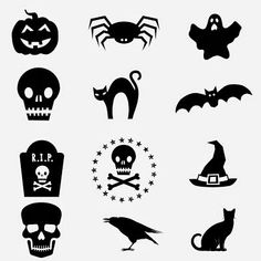 black and white silhouettes of halloween related items such as bats, skulls, pumpkins, ghost heads