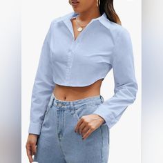 Lyaner Women's Casual Button Down Long Sleeve Curved Hem Blouse Crop Tops Blue, Xl Long Sleeve Cropped Shirt For Daywear, Fitted Cropped Long Sleeve Shirt For Daywear, Long Sleeve Cropped Shirt With Buttons For Daywear, Casual Blue Cropped Shirt, Blue Collared Top With Back Button Closure, Trendy Blue Button-up Cropped Shirt, Spring Blue Top With Back Button Closure, Blue Tops With Back Button Closure For Spring, Blue Top With Back Button Closure For Spring