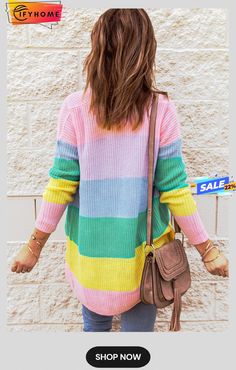 Pink Rainbow Color Block Open Front Drape Oversized Knitted Cardigan Cozy Multicolor V-neck Cardigan, Multicolor Long Cardigan For Layering, Long Multicolor Cardigan For Layering, Multicolor Long-sleeved Sweater Coat For Spring, Multicolor Long Sleeve Sweater Coat For Spring, Colorful Long Sleeve Casual Cardigan, Multicolor Casual Crew Neck Cardigan, Casual Multicolor Crew Neck Cardigan, Multicolor Knit Long Sleeve Cardigan