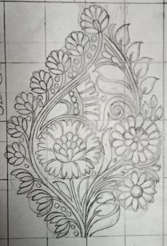 a drawing of a vase with flowers in it on a tiled wallpapered surface