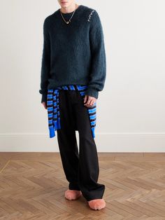 Marni’s sweater is detailed with a moniker subtly hand-embroidered on the shoulder. It’s knitted with mohair for a soft, fuzzy handle and has relaxed dropped shoulders. Sweater For Men, Luxury Sneakers, Espadrille Shoes, Mr Porter, Knitted Sweater, Lace Boots, Lightweight Jacket, Blue Sweaters, Logo Embroidered